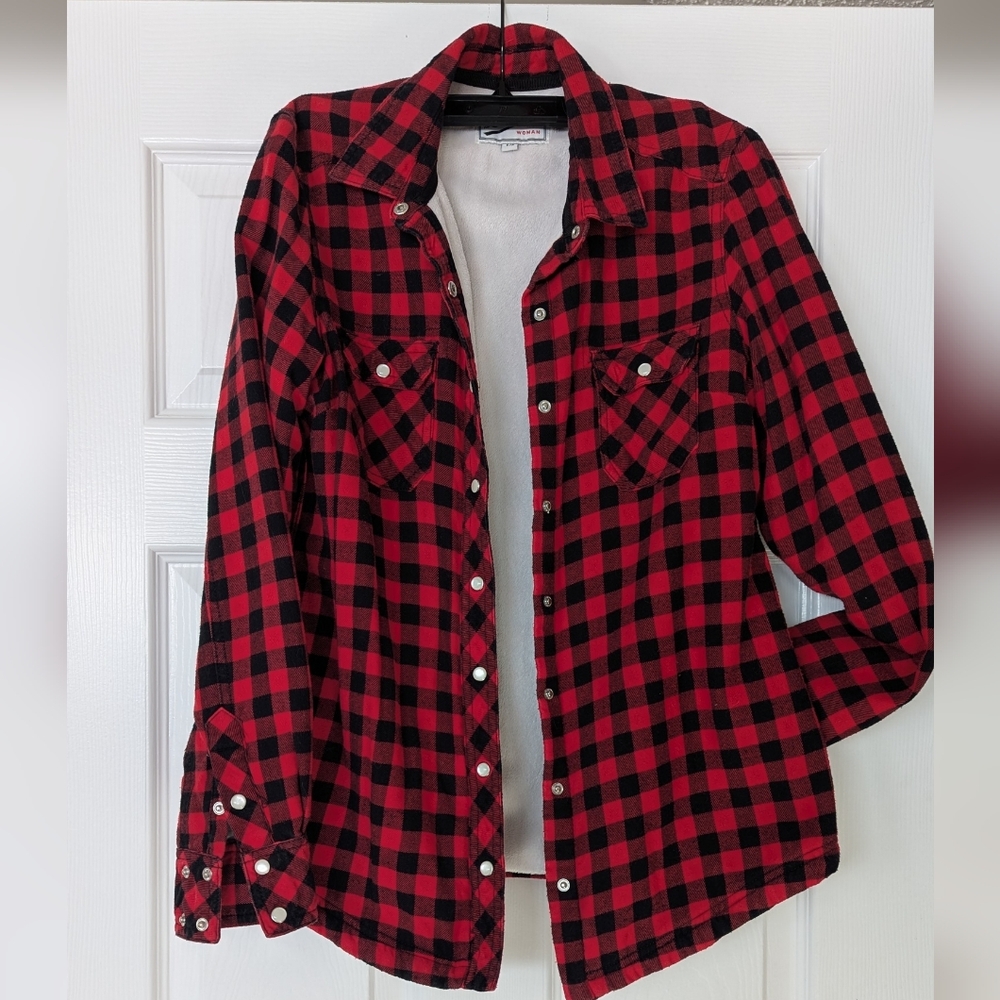 Women's Red and Black Plaid Button Down Shirt